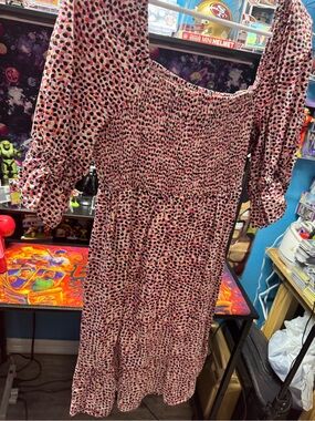 Eloquii Pink and Black Spot Smocked Midi Dress